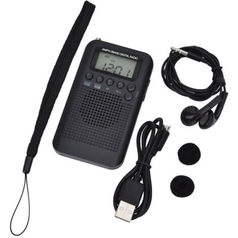 Mini radio portátil de bolsillo con altavoz, receptor digital estéreo FM/AM con DSP, alarma y temporizador (100 x 60 x 15 mm, negro)