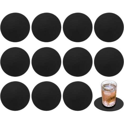Posavasos redondos de piel sintética, 10 cm, paquete de 12 unidades, antideslizantes y lavables, para proteger las mesas de centro, ideales para decorar el hogar, la oficina o el bar, color negro. (1/5)