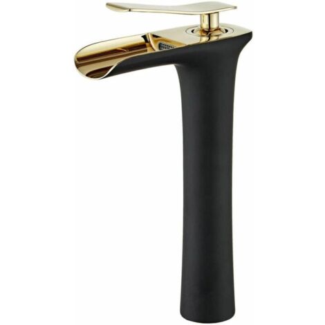Grifo de baño moderno tipo cascada, monomando para lavabo con ajustes de agua fría y caliente, negro y dorado (1/4)