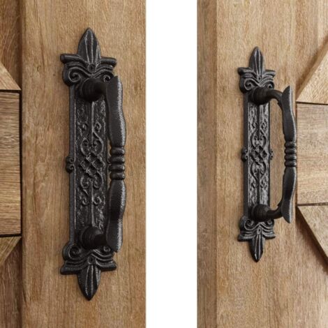 Manijas de puerta antiguas resistentes (juego de 2), manija grande rústica tallada, para portones, garajes y cobertizos de jardín, color negro (1/4)