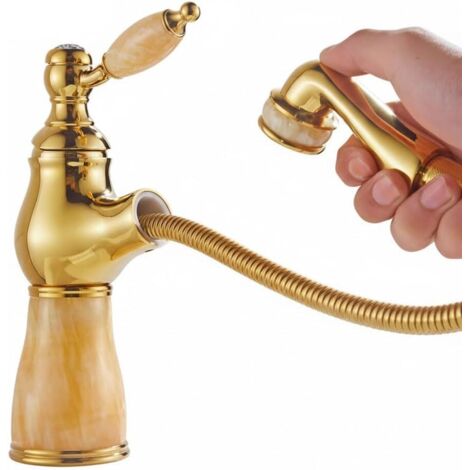 Grifo para lavabo de un solo orificio con cabezal extraíble y monomando, para agua fría y caliente (amarillo, dorado A corto) (1/5)