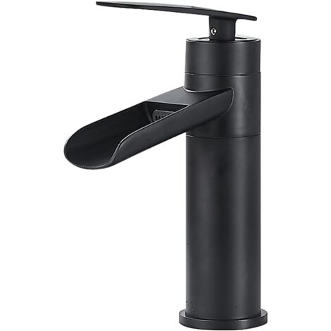 Grifo de cascada, grifo de baño, grifo de lavabo de un solo orificio, grifo de baño alto de una sola manija, grifo de baño negro para lavabo (corto) (1/5)
