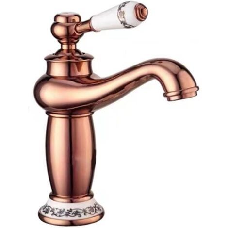 Grifo de baño de latón, de un solo orificio, de caño bajo, grifo de lavabo monomando, grifo simple, grifo de lavabo de agua fría/caliente (oro rosa) (1/5)