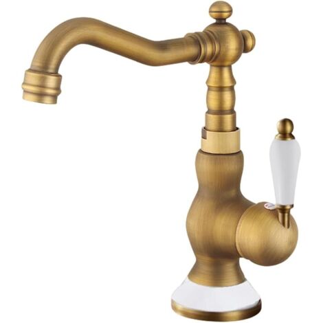 Grifo para lavabo monomando, de cuello de cisne, giratorio, de un solo orificio, para agua fría y caliente, estilo antiguo, corto, base de cerámica (1/5)