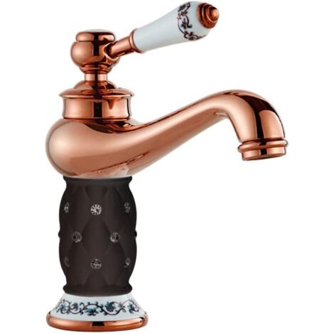 Grifo de lavabo de baño de lujo de un solo orificio con manija de una sola palanca, grifo de agua fría y caliente (cerámica, dorado) (1/5)