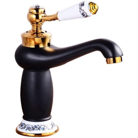 Grifo de baño de latón de un solo orificio con caño bajo, grifo de lavabo monomando, grifo de lavabo de agua fría/caliente, negro y dorado (1/5)