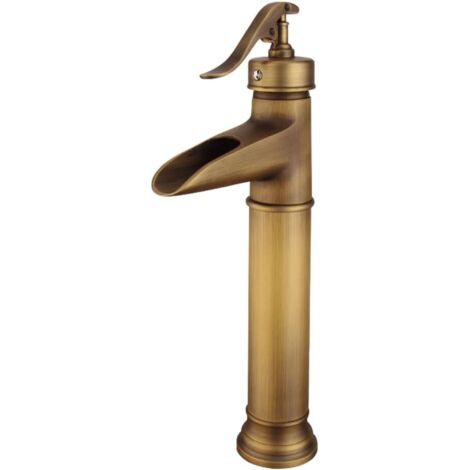 Grifo monomando para lavabo en cascada, grifo clásico de baño de un solo orificio, grifo de agua fría y caliente (antiguo, alto, A) (1/5)