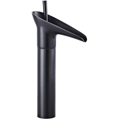 Grifo monomando para lavabo en cascada, de un solo orificio, para montaje en encimera, para agua fría y caliente (negro, alto) (1/5)