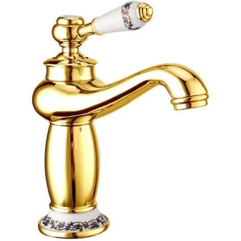 Grifo de baño de latón, de un solo orificio, de caño bajo, grifo de lavabo monomando, grifo de lavabo de un solo grifo, grifo de lavabo de agua fría/caliente (dorado) (1/5)