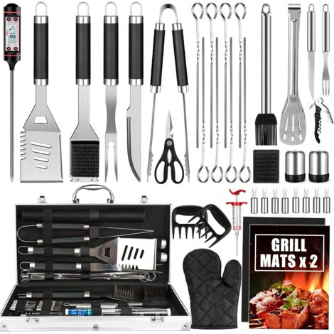 Juego de 38 accesorios de acero inoxidable para barbacoa con estuche, termómetro y tapete de cocina para camping o barbacoa en interiores, color negro. (1/5)