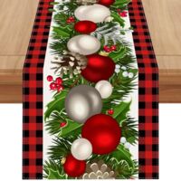 Camino de mesa navideño - Lavable - Decoración navideña - Decoración de cocina - 183 x 33 cm - Rojo y blanco