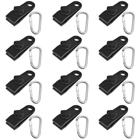 Confezione da 24 clip per tende, morsetti per tendalini, clip per teloni, per il fissaggio di teloni, clip per campeggio in plastica con moschettone in acciaio inox (nero) (1/5)