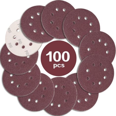 Dischi abrasivi Ineascer 100 pezzi 125 mm, grana 80, dischi abrasivi in carta vetrata a 8 fori, ideali per levigatura/lucidatura per levigatrici orbitali casuali (1/5)