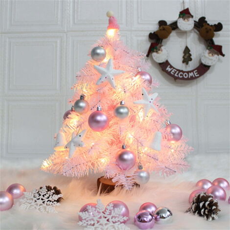 Albero di Natale artificiale rosa con palline e luci LED, mini albero di Natale per decorazioni natalizie, casa, tavolo da pranzo. (1/4)
