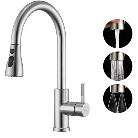 Rubinetto da cucina con doccetta estraibile - Miscelatore da cucina con bocca girevole a 360°, 3 modalità di getto, arco alto, rubinetto per lavello da cucina in acciaio inossidabile a 1 foro (1/5)