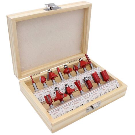 Set di 15 punte per fresa in carburo di tungsteno con gambo da 6,35 mm, per scanalature, per legno, con custodia in legno. (1/5)