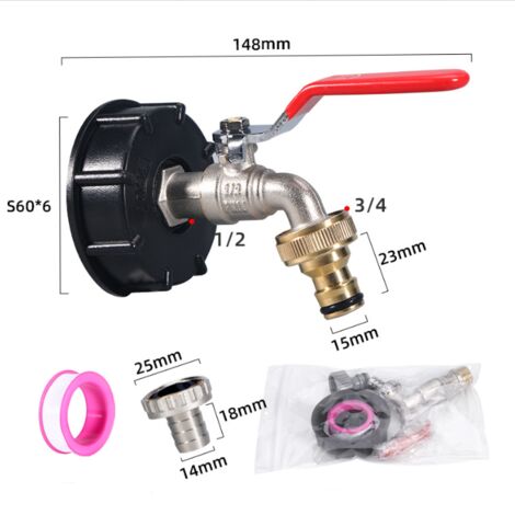 Rubinetto per serbatoio dell'acqua da 1000 litri (L), rubinetto universale per attacco tubo da 1/2 pollice, valvola a sfera IBC, adattatore per rubinetto tubo da giardino (1/5)