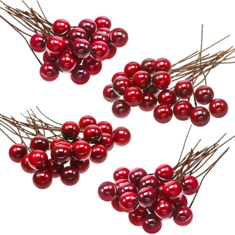 Bacche di agrifoglio artificiali, 100 mini bacche da 10 mm su filo per decorazioni per alberi di Natale, ghirlande di fiori, progetti fai da te (rosso vino) (1/5)