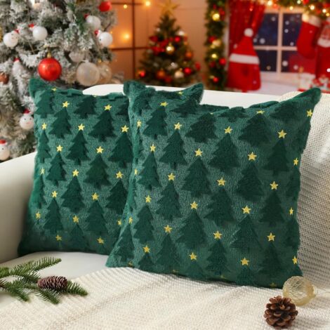 Federa per cuscino natalizio 45x45 cm, set di 2 federe decorative a forma di albero di Natale, in peluche, per soggiorno, camera da letto, poltrona, divano, letto, decorazione (verde) (1/5)