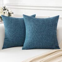 Set di 2 copricuscini per divano in lino tinta unita per soggiorno, camera da letto (blu scuro, 45 x 45 cm)
