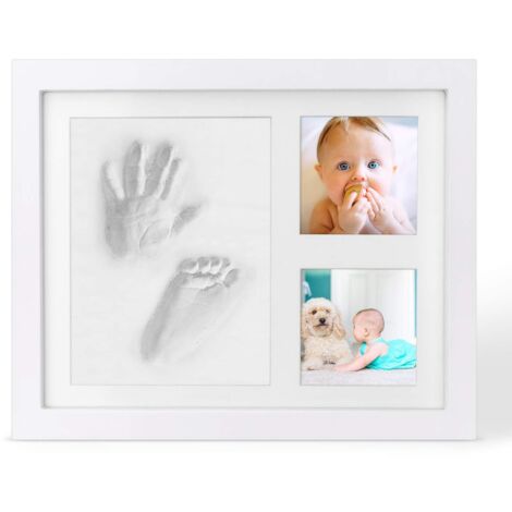Marco para huellas de manos de bebé, kit de marco de fotos con huellas de manos de bebé, arcilla blanca no tóxica, marco de madera: un excelente regalo para baby shower y registro de bebés.