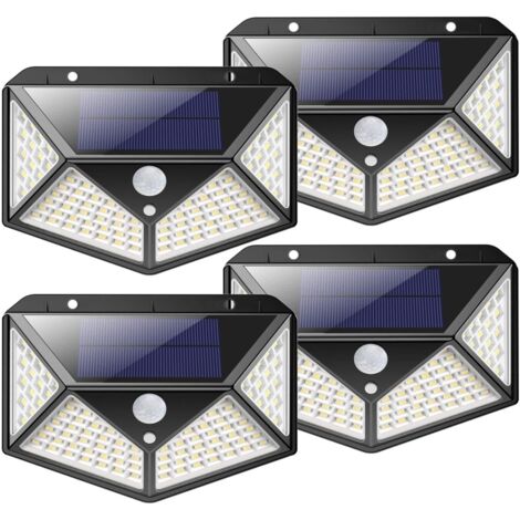Luces solares para exteriores, 100 LED, paquete de 4: Iluminación solar para exteriores, sensor de movimiento, potente foco solar inalámbrico, luz solar con 3 modos de iluminación para jardín y patio.