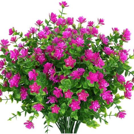 Flores artificiales, 8 paquetes de eucalipto artificial, ramos de loto de plástico para jardín interior y exterior, porche, patio, oficina y decoración del hogar (rosa rojo) (1/5)