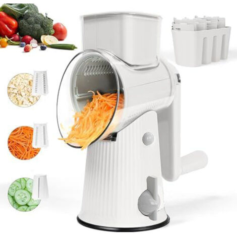 Accesorios de cocina, rallador de queso giratorio con mango, cortador manual de verduras con 3 cuchillas intercambiables Rallado sin esfuerzo, potente base de succión y molinillo fácil de limpiar (1/5)