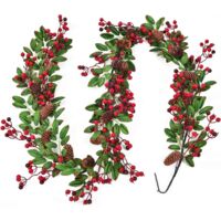 Guirnalda navideña de 183 cm de alto con bayas artificiales, decoración de corona navideña de acebo con bayas rojas y negras, piñas y hojas verdes para vacaciones de invierno, Año Nuevo, chimenea, dec