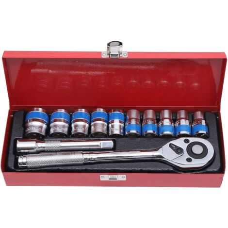 1/2-Zoll-Steckschlüsselsatz, 12-teilig, 10–24 mm, im Stahlgehäuse, metrischer Antrieb mit 24-Zahn-Schnellspannratsche und 5-Zoll-Verlängerungsstange, automatisches Reparaturwerkzeug (1/5)