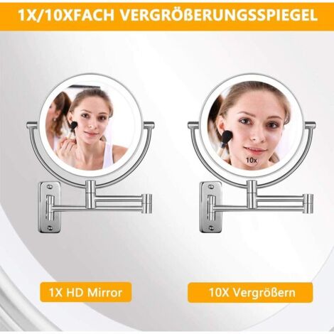 LED-beleuchteter Schminkspiegel, Wandmontage, 1-fache/10-fache Vergrößerung, doppelseitiger Schminkspiegel, 360° schwenkbar, faltbarer Rasierspiegel, Chrommetall, für Badezimmer, Kosmetikstudio, Spa (1/4)