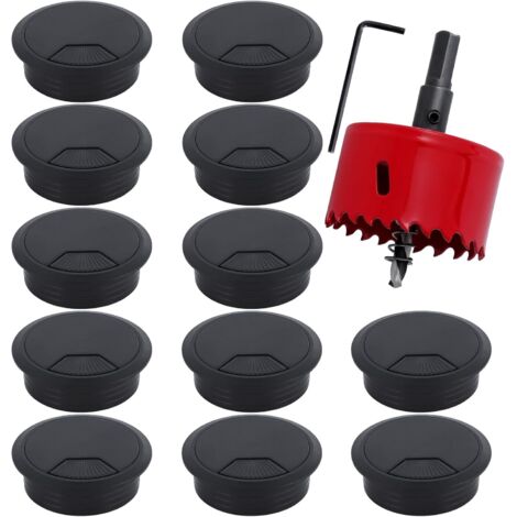 12 Stück Schreibtisch Kabeldurchführung 60mm, Kabeldurchlass Set mit 1 Stück 60mm Metall Lochsäge, Kabeldurchführung Tisch Rund für Büro Arbeitsplatten TV Computer Heimkino