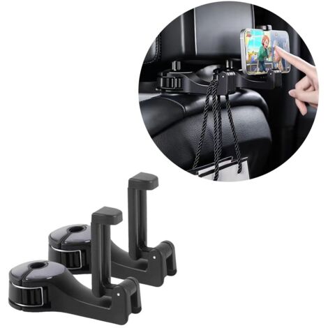 2er-Pack Auto-Kopfstützenhaken mit Handyhalterung, 360° drehbarer hinterer Haken für Tasche, Geldbörse, Stoff, Essen, Rücksitz, einfach zu handhaben (schwarz) (1/5)