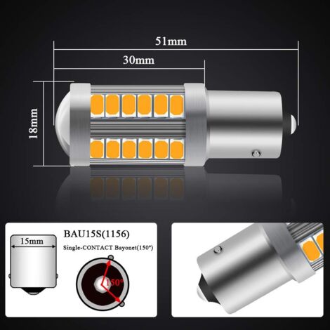 Set de 2 buc. Becuri LED, 30 SMD, BAU15S 1156 (PY21W), 12V, lumina portocalie canbus, pini imprastiati (150