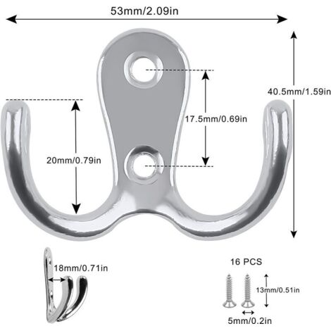 6er-Pack Doppel-Kleiderhaken, Doppelzinkenhaken, Chrom-Kleiderhaken, Doppeltürhaken, silberne Wandhaken, Metallbügel mit 24 Schrauben für Schlafzimmer, Badezimmer, Wand, Küche (1/4)
