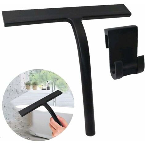 Duschabzieher aus Silikon, schwarz, Fensterabzieher, Badabzieher, Fensterabzieher, 21,6 cm, zum Reinigen von Duschfliesen, Spiegelglas, mit Saugnapfhaken, (1/5)