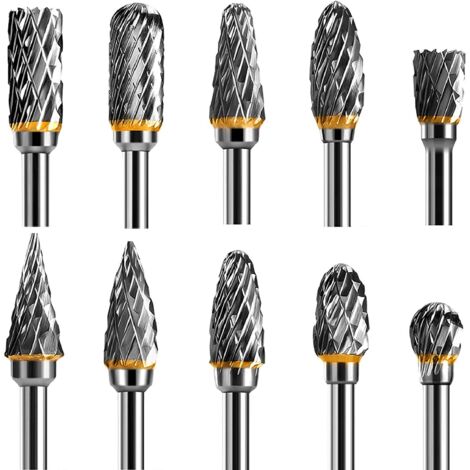 Jeu de Fraises Rotatives Acier Carbure de Tungstène Double Tranchant pour Outil rotatif, 10 Stück 1/8 Zoll Schaft passend für Drehwerkzeug zum Holzschnitzen, Metallpolieren, Gravieren (1/5)