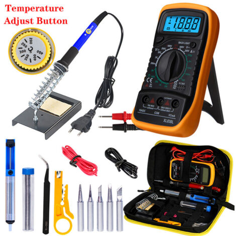 Lötkolben-Set, 60 W, elektrisches Schweißset, einstellbare Temperatur, mit digitalem Multimeter, Lötkolbenständer, Entlötpumpe und tragbarer PU-Werkzeugtasche (1/5)