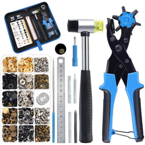 Lederlochzange, 6 Größen Ösenzange/Gürtelstanzer, Locherwerkzeug mit 240 Nieten, 100 Knöpfen, Lineal, Messingnadelkissen für Leder, Gürtel (blau),