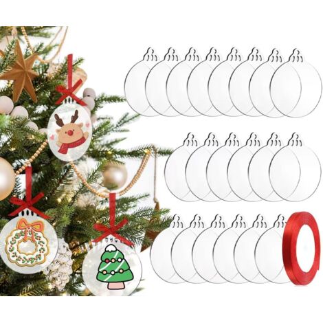 Weihnachtsbaum-Hängeornamente, 20er-Pack runde Acryl-Weihnachtskugeln mit Band, flache Kugeln zum Basteln, transparente Acrylscheiben, Christbaumschmuck für die Baumparty-Dekoration, rund (1/5)