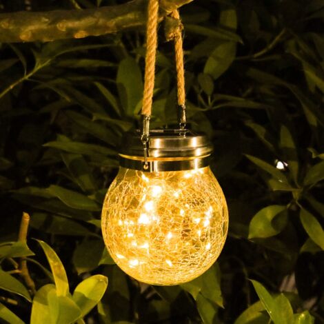 Hängende Solar-Laternenlichter für den Außenbereich, wasserdichte runde Kugellichter aus gesprungenem Glas, Solar-Gartenkugel, warmweißes LED-Licht, Außendekoration