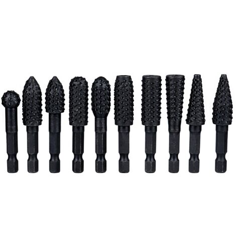 10-teiliges Rotationsraspel-Set, 6,35 mm Frässtifte, Karbonstahl, Sechskantgriff, Rotationsfräser, Schnitzwerkzeug zum Holzschnitzen, Metallpolieren, Gravieren, Schwarz (1/5)