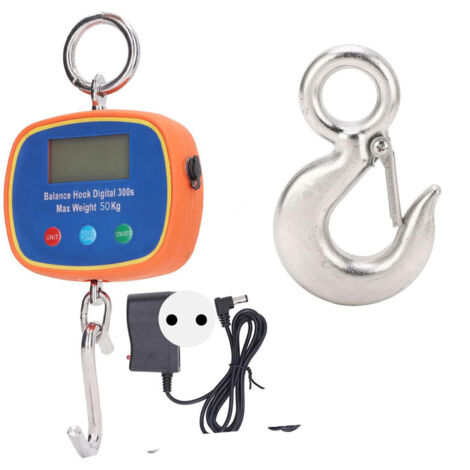 Doppelseitige elektronische Hakenwaage mit LCD-Anzeige, tragbare Hängewaage für Industriekräne, 50 kg/100 lb, 90–240 V, EU-Stecker + Gabelkopfhaken aus Edelstahl, 2 T-Lager, Haken (1/5)