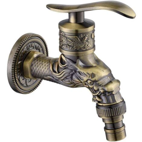 Vintage-Wasserhahn aus Messing zur Wandmontage, G1/2-Gartenwasserhahn für den Außenbereich, Wasserhahn aus antikem Messing, Vintage-Wasserhahn zur Wandmontage, mit Drachen geschnitzter antiker Messing (1/5)