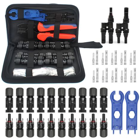 Solar-Crimpwerkzeug-Set für Solarpanel-Steckverbinder – eine Crimpzange, 10 Paar Solarkabelverbinder und 1 Paar Solar-Y-Steckverbinder, 2 Paar