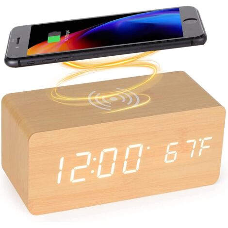 Digitaler Wecker aus Holz mit kabelloser Ladestation, 5-W-Schnellladegerät für iPhone/Samsung Galaxy, Sprachsteuerung, nicht tickender Wecker, für Schlafzimmer, Zuhause und Büro (Bambus) (1/5)