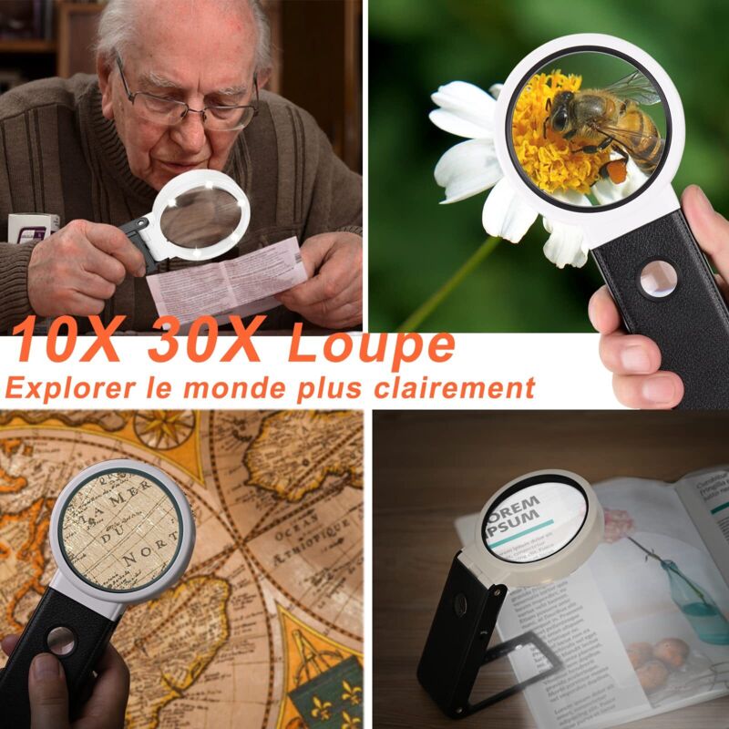 Lente d'ingrandimento 10x con luce LED e luce UV, multi-funzionale, in vetro, per gioiellieri, monetine, francobolli, gemme, orologi, telefono, riparazione ispezione