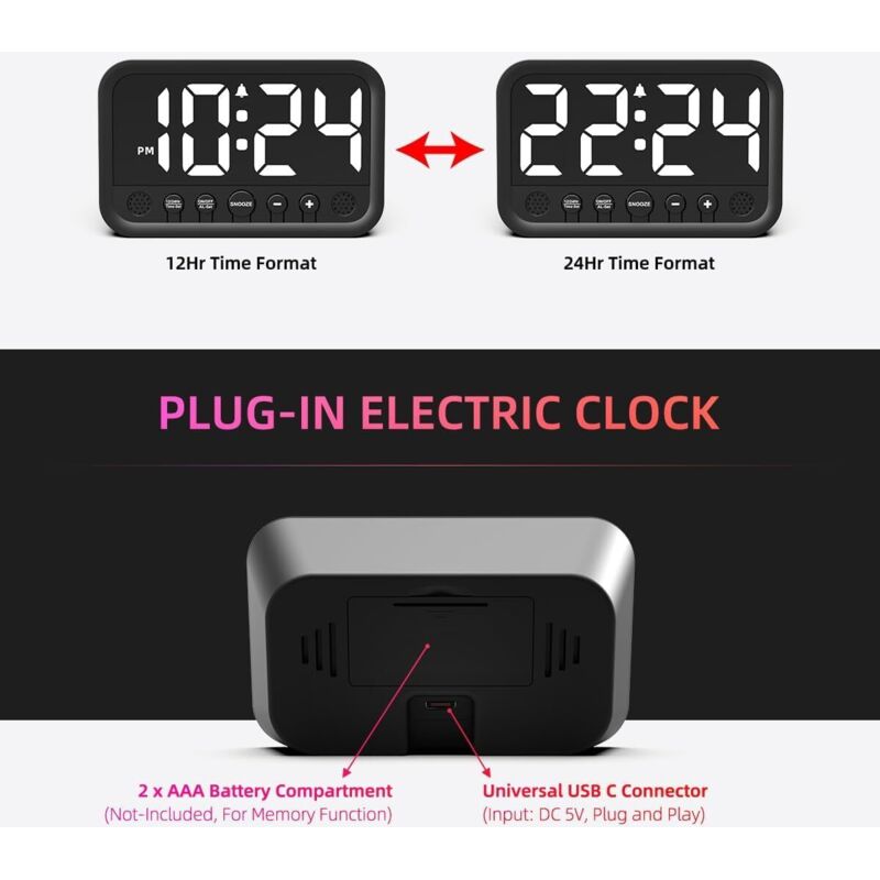 Sveglia Digitale Da Tavolo Con Display LED – Modalità Notte, Snooze, Nera/bianca – Orologio Moderno - Foto 2