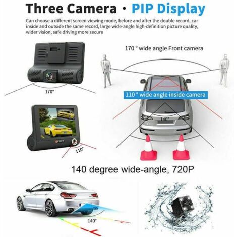DashCam touch screen 3 in 1 2 lenti anteriore 1 posteriore 1080P HDR Telecamera per parcheggio auto e furgone Telecamera di sicurezza grandangolare Rilevamento del movimento G-Sensor Registratore DVR