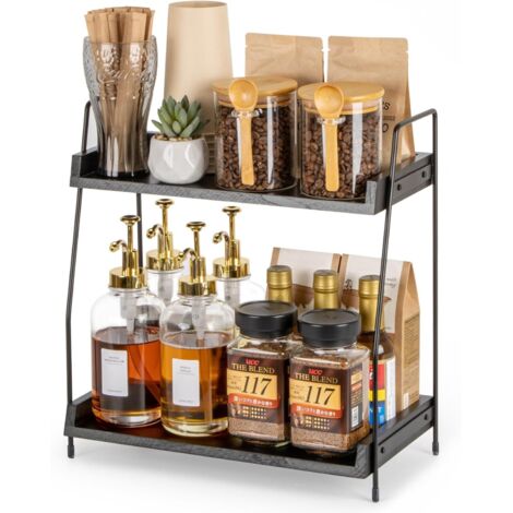 Organizzatore per caffè, ripiano in legno per piano di lavoro della cucina, angolo portaoggetti per caffè, organizer per piano di lavoro, ripiano portaoggetti per cucina, casa, ufficio - Nero